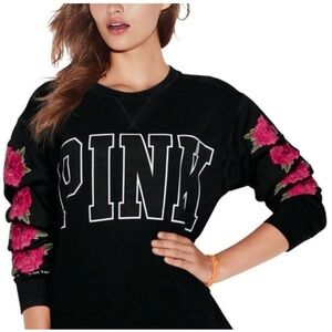 Pink VS crew sweatshirt with flowers 🌺 on sleeves